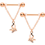 14G 5/8 Clear Gem Rose Gold Hue Butterfly Dangle Nipple Ring Set