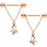 14G 5/8 Purple Gem Rose Gold Hue Butterfly Dangle Nipple Ring Set