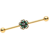 14G Gold Tone Green Flower St Patricks Industrial Barbell 38mm