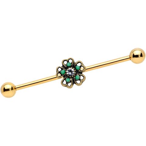 14G Gold Tone Green Flower St Patricks Industrial Barbell 38mm