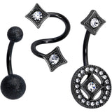 Clear Gem Black Sandblasted Spiral Circle Belly Ring Set of 3