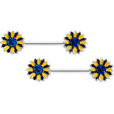 14G 5/8 Blue Faux Druzy Yellow Sunflower Barbell Nipple Ring Set