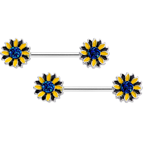 14G 5/8 Blue Faux Druzy Yellow Sunflower Barbell Nipple Ring Set