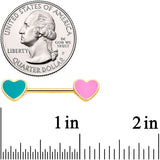 14G 9/16 Gold Tone Pink Teal Heart Valentines Day Nipple Ring Set