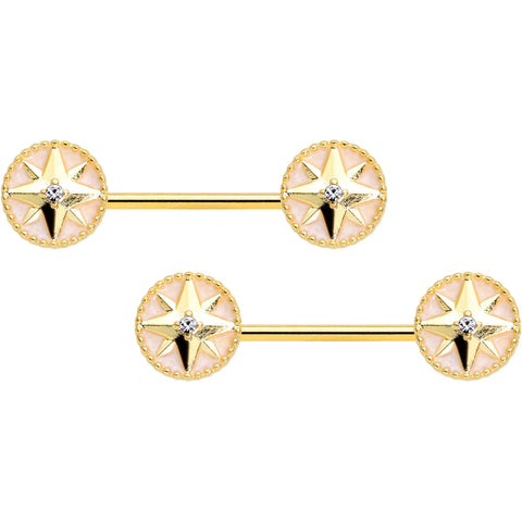 14G 5/8 Clear Gem Gold Tone Sailors Compass Barbell Nipple Ring Set