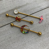 14G Clear Gem Gold Hue Flower Flamingo Industrial Barbell 38mm