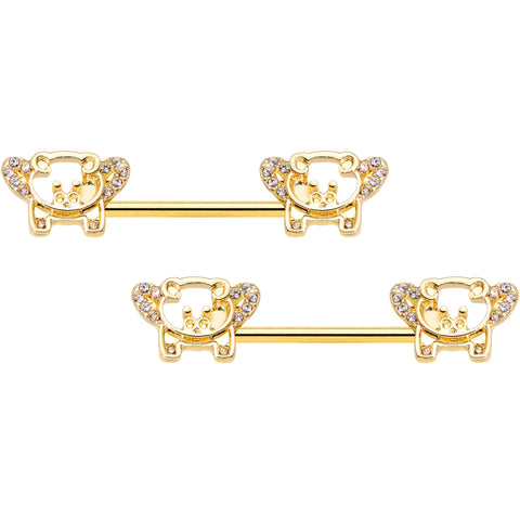 14G 9/16 Clear Gem Gold Tone Flying Pig Barbell Nipple Ring Set