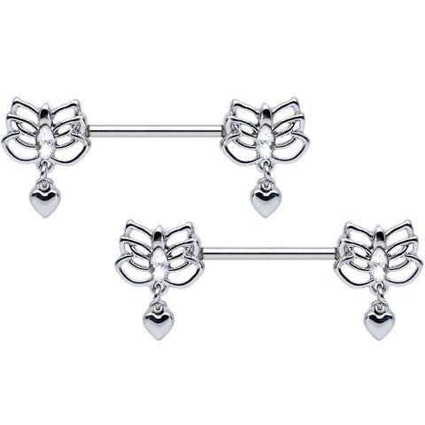 14G 5/8 Clear Gem Lotus Heart Dangle Barbell Nipple Ring Set