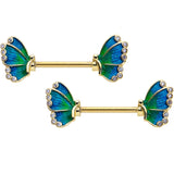 14G 9/16 Clear Gem Gold Tone Blues Butterfly Nipple Ring Set