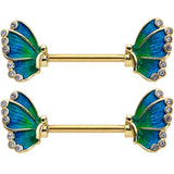 14G 9/16 Clear Gem Gold Tone Blues Butterfly Nipple Ring Set