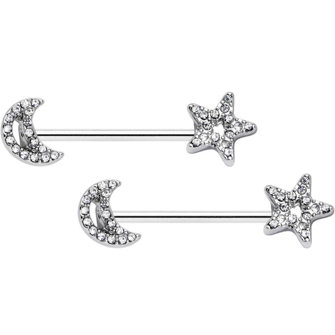 14G 5/8 Clear CZ Gem Moon Star Barbell Nipple Ring Set