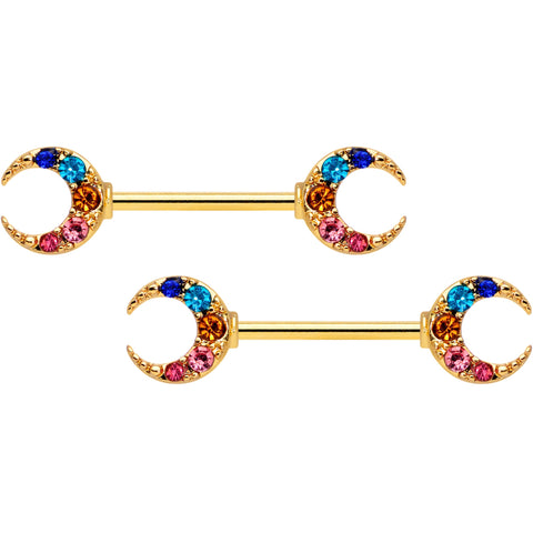 14G 9/16 Rainbow Gem Gold Tone Moon Barbell Nipple Ring Set