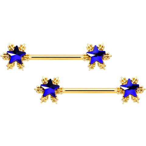 14G 9/16 Blue Gem Gold Tone Stars Barbell Nipple Ring Set