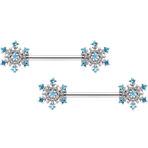 14G 9/16 Aqua Gem Snowflake Christmas Barbell Nipple Ring Set