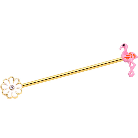 14G Clear Gem Gold Hue Flower Flamingo Industrial Barbell 38mm