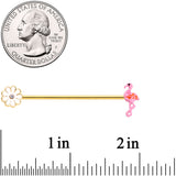 14G Clear Gem Gold Hue Flower Flamingo Industrial Barbell 38mm