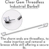 14G Clear CZ Gem Threadless Industrial Barbell 38mm