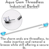 14G Aqua CZ Gem Threadless Industrial Barbell 38mm