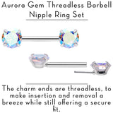 14G 1/2 Aurora CZ Gem Threadless Barbell Nipple Ring Set