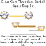 14G 1/2 Clear CZ Gem Gold Tone Threadless Nipple Ring Set