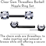 14G 1/2 Clear CZ Gem Black Threadless Barbell Nipple Ring Set