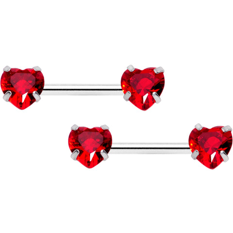 14G 1/2 Red CZ Gem Heart Threadless Barbell Nipple Ring Set