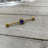 14G Blue Gem Gold Tone Star Industrial Barbell 38mm