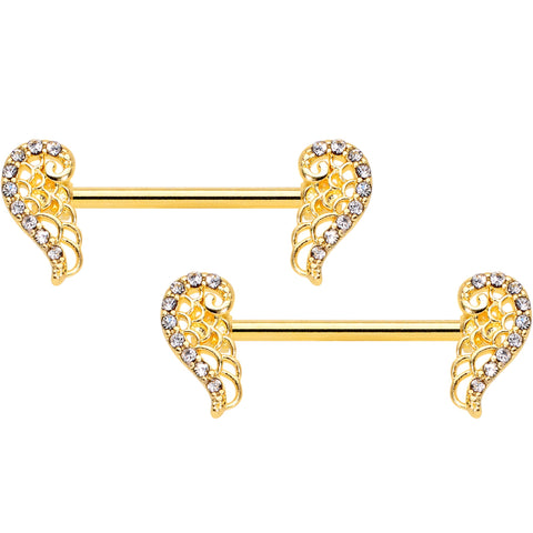 14G 9/16 Clear Gem Gold Tone Angels Wings Barbell Nipple Ring Set