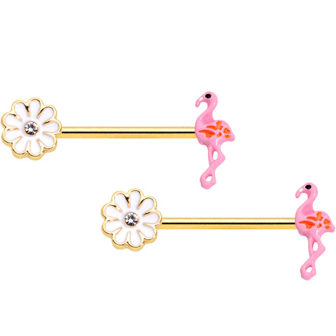 14G 5/8 Clear Gem Gold Tone Flower Flamingo Nipple Ring Set