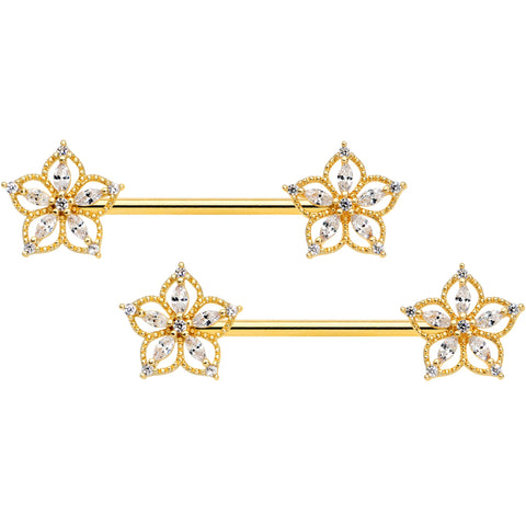 14G 9/16 Clear CZ Gem Gold Tone Airy Flower Nipple Ring Set
