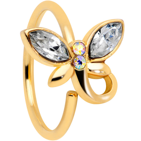 18G 3/8 Clear Aurora Gem Gold Tone Loop Butterfly Nose Hoop