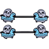 14G 9/16 Black Swimming Sloth Barbell Nipple Ring Set