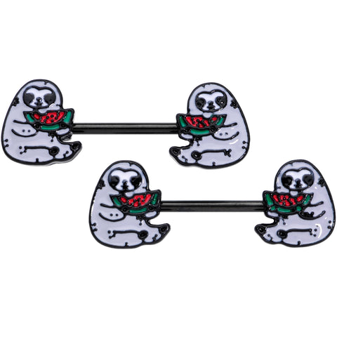 14G 9/16 Black Watermelon Sloth Barbell Nipple Ring Set