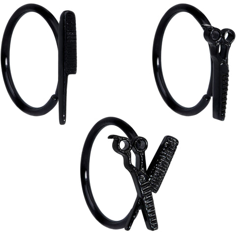 18G 3/8 Black Scissors Comb Hair Nose Hoop Set of 3