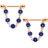 14G 9/16 Yellow Gem Rose Gold Tone Blue Flower Dangle Nipple Set