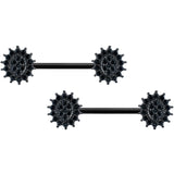 14G 5/8 Black Gem Black Oval Sunburst Barbell Nipple Ring Set