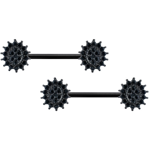 14G 5/8 Black Gem Black Oval Sunburst Barbell Nipple Ring Set