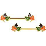 14G 9/16 Gold Tone Lovely Autumn Leaves Barbell Nipple Ring Set