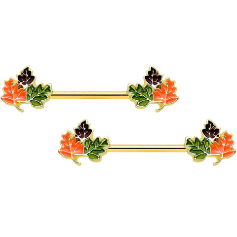 14G 9/16 Gold Tone Lovely Autumn Leaves Barbell Nipple Ring Set