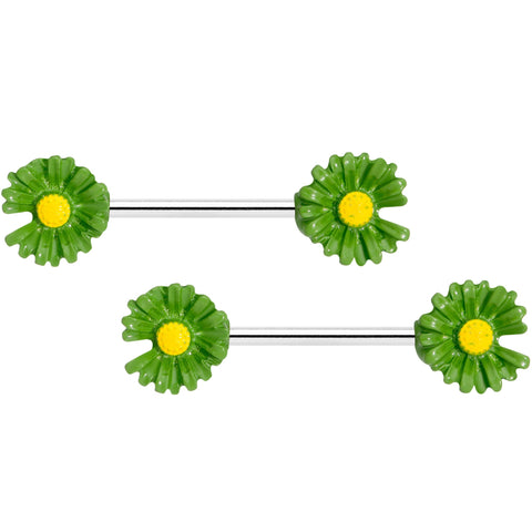 14G 5/8 Green Flower Barbell Nipple Ring Set