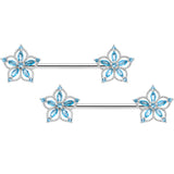 14G 9/16 Aqua CZ Gem Airy Flower Nipple Ring Set