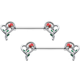 14G 5/8 Open Heart Rose Valentines Barbell Nipple Ring Set