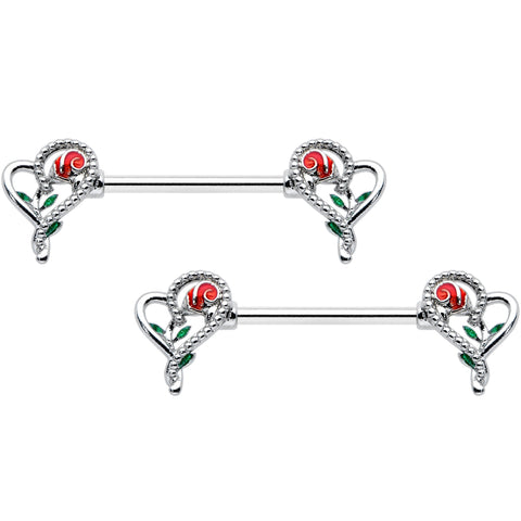 14G 5/8 Open Heart Rose Valentines Barbell Nipple Ring Set