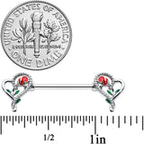 14G 5/8 Open Heart Rose Valentines Barbell Nipple Ring Set