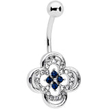 Clear Blue Gem Stylized Deco Cross Belly Ring