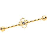 14G Clear Gem Gold Tone Open Cross Industrial Barbell 38mm