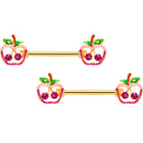 14G 5/8 Green Purple Gem Gold Tone Cherry Apple Nipple Ring Set