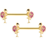 14G 9/16 Pink Gem Gold Tone Fashion Flamingo Nipple Ring Set