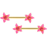 14G 9/16 Pink Gem Gold Tone Exotic Floral Star Nipple Ring Set