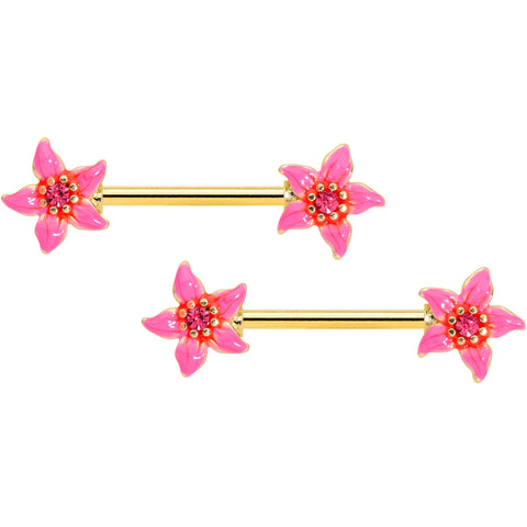 14G 9/16 Pink Gem Gold Tone Exotic Floral Star Nipple Ring Set